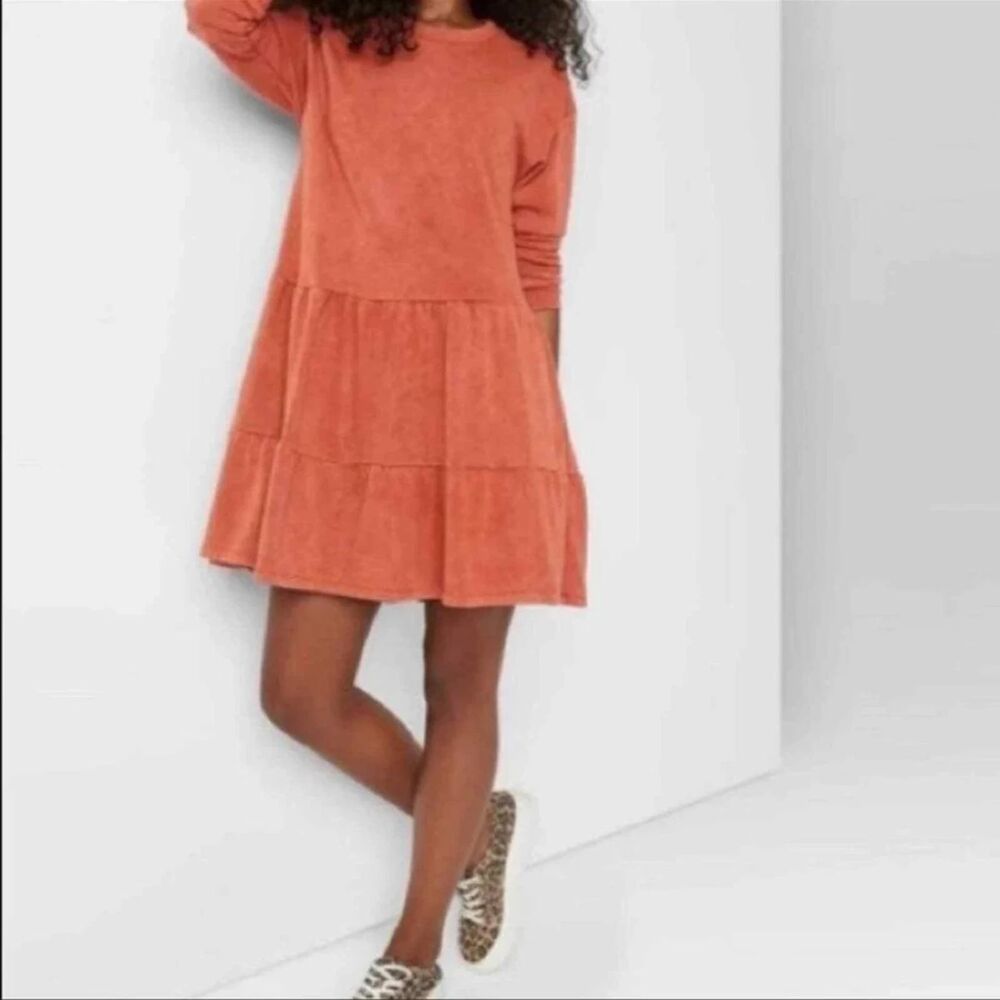 Wild Fable Burnt Orange Tiered Ruffle Dress Large Cozy Long Sleeve Boho Indie